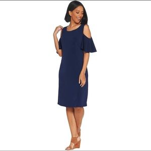 Belle Kim Gravel Navy Blue Flirt Sleeve Cold Shoulder Dress Size M